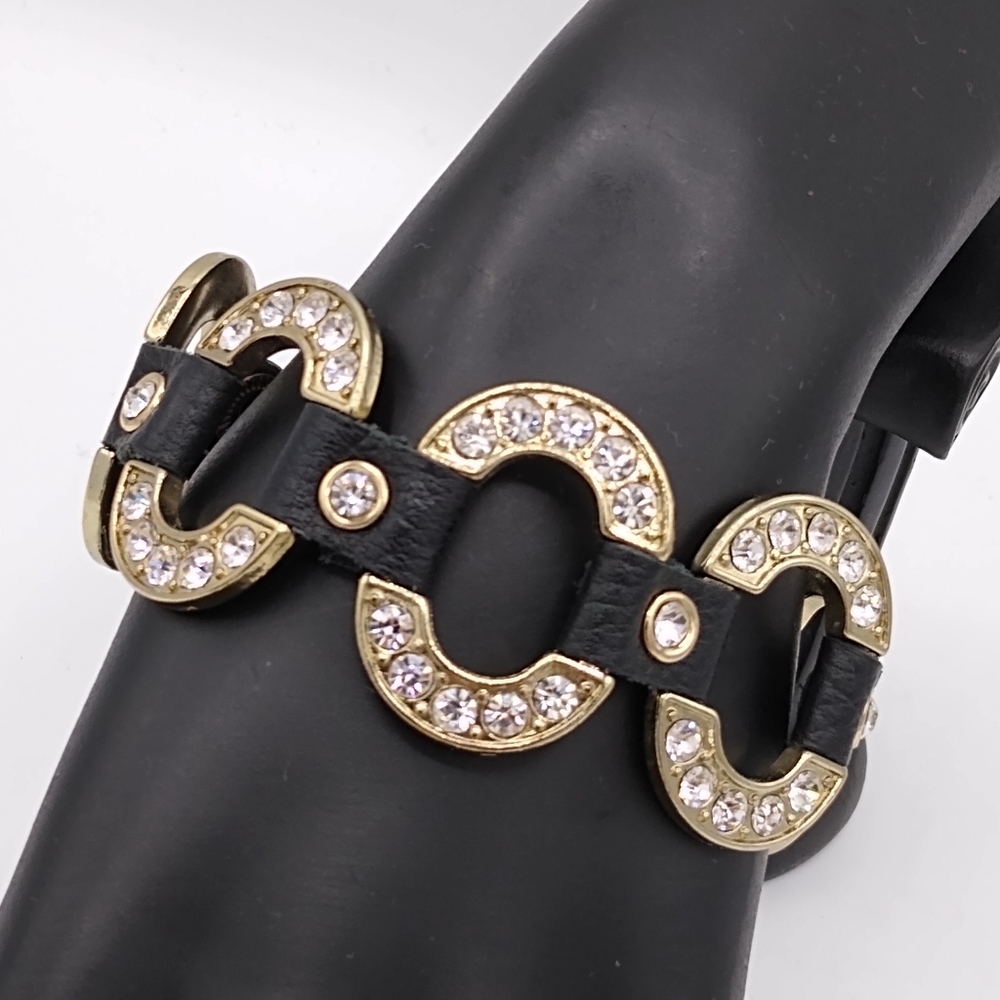 Sheng Tong Rhinestone & Leather Gold tone Boho Link Bracelet